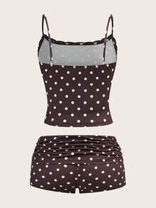 SHEIN EZwear 女士休闲蕾丝拼接波点吊带背心和短裤套装 - 咖啡棕 - 查看 3