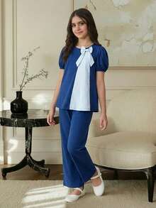 Firerie Kids 2pcs Tween Girls Puff Sleeve Bow Tie Top And Loose Straight Leg Pants Set, Blue Casual Fashion Versatile - Blue - View 6