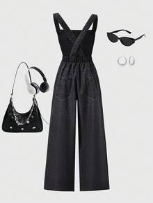 SHEIN 少女针织星形印花背带裤，时尚返校装，个性百搭，适合春、夏、秋季穿着 - 黑色 - 查看 2