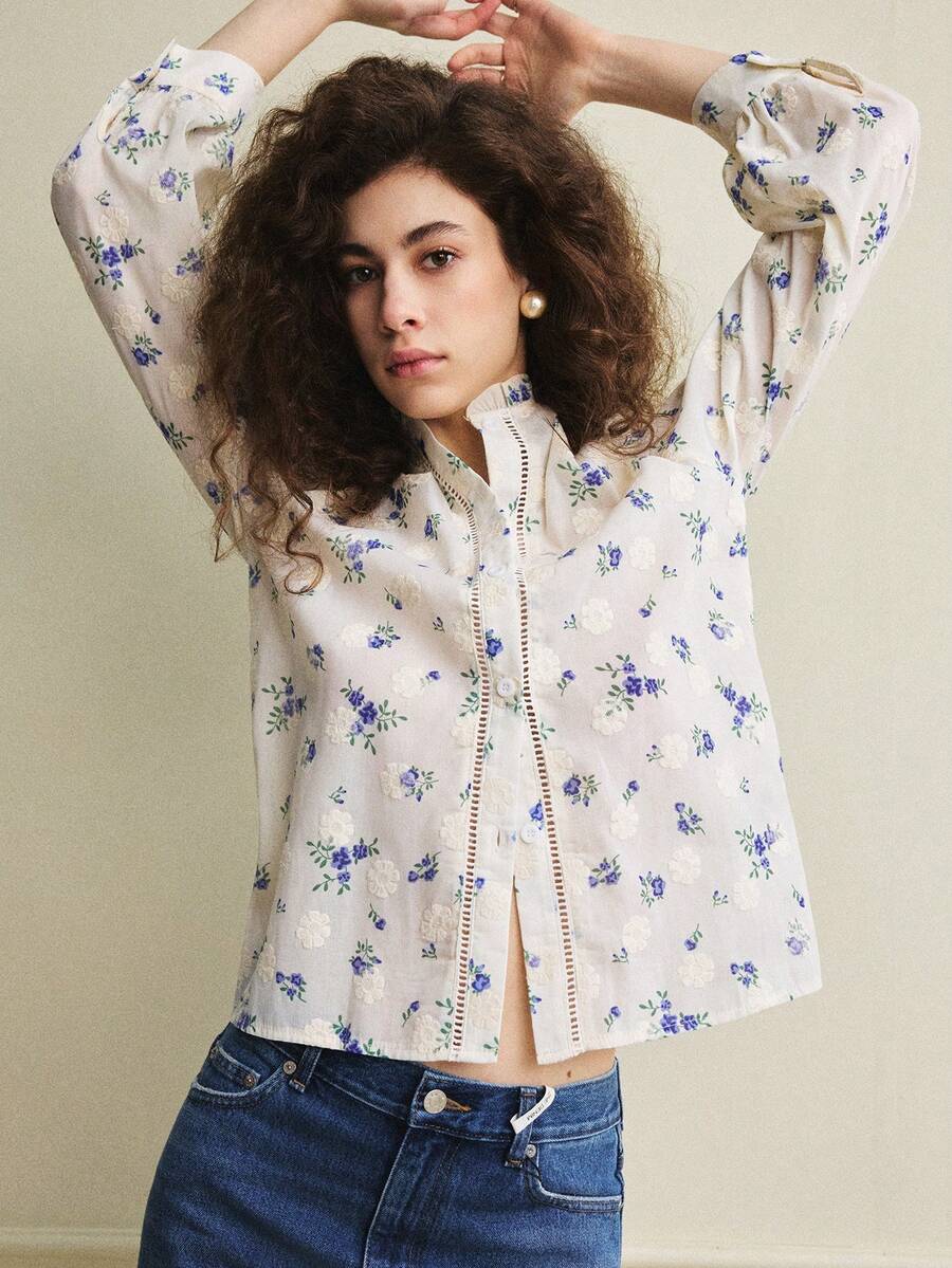Écloséra 复古法式花卉刺绣泡泡袖荷叶边圆领紫色印花女士长袖衬衫，春夏款 - 彩色 - 查看 1