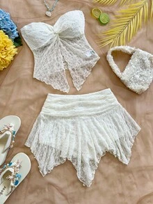 Soleia Bộ áo quây ren và chân váy ngắn dành cho nữ, thích hợp cho đi biển, bãi biển, lễ hội âm nhạc, tiệc tùng, trang phục mùa hè. - Màu be - Xem 1