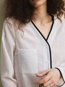 Écloséra Women's Casual Simple Black & White Contrast V-Neck Button Shirt And Wide Leg Pants 2 Piece Set - White - View 2