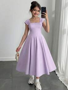 Tween Girls' Elegant Sleeveless Wide Strap Waist Pleated Flare Dress, Christmas/New Year Party Dress, Girls Formal Gown - Mauve Purple - View 6