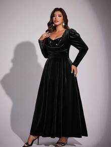 Viva Relle Plus Size Women Solid Color Sequin Patchwork Puff Sleeve Elegant Dress - Black - View 5