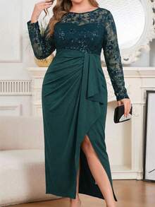 Modelyn Plus Size Elegant Party Sequin Embroidery Patchwork Wrap Dress - Dark Green - View 4