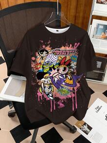 THE POWERPUFF GIRLS X SHEIN Women's Casual Cartoon Pattern Round Neck Short Sleeve T-Shirt, Summer - White - View 4