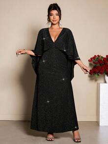 Allurite Plus Size Women's Elegant V-Neck Shawl Collar Velvet Mermaid Formal Dress - Black - View 4