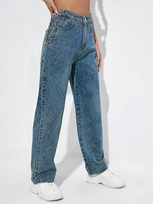 SHEIN Jeanoir Women's Casual Fashion Street Chic Daily Commute Side Chain Tie Loose Straight Leg Jeans - Royal Blue - View 5