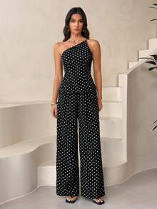 SHEIN Tall Bộ đồ nữ 2 món gồm áo trễ vai chấm bi và quần dài, phong cách tối giản thường ngày. - màu đen - Xem 3