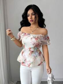 Elenzga Women's Elegant Open Shoulder Ruffle Trim Fitted Sleeveless Blouse, Spring - Multicolor - View 3