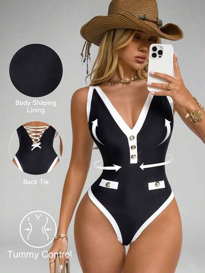 Shapewave 女士黑白深V金属扣连体泳衣，塑身收腹款