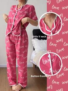 Dream Adore All-Over LOVE Print Romantic Bubble Crinkle Casual Women Pajama Set - Pink - View 2