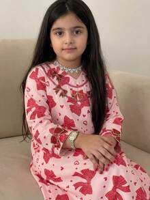 SHEIN Đầm dài tay cổ chữ V in nơ cho bé gái - Đỏ - Xem 6