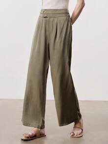 SHEIN LUNE Women's Elegant Chic Linen Blend Casual Pants With Waist Tie, Metal Buckle Decor, Pockets, Suitable For Party, Work, Vacation, Spring/Summer - Khaki - View 4