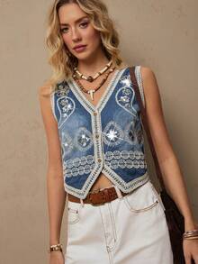 Freevana 波西米亚风牛仔钩针背心，腰果花刺绣，短款V领，蓝白撞色，女士背心，适合早春音乐节穿着 - 藍色 - 查看 3