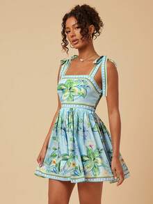 Travachic Women's Romantic Floral Print Tie-Up Vacation Dress - Green - View 6