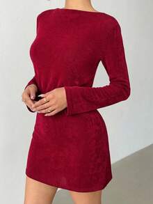 Aloruh Robe mini moulante dos nu à manches évasées, couleur unie, pour femme - Rouge foncé - Voir 5