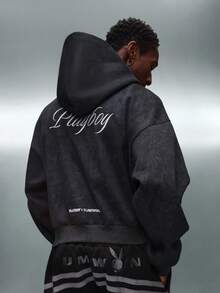 PLAYBOY X SUMWON Áo hoodie dáng ngắn màu than chì với họa tiết chữ in phía trước, logo phía sau, thiết kế hợp tác, khóa kéo toàn thân, dáng rộng, phong cách đường phố thường ngày, mùa đông và mùa thu. - màu đen - Xem 2