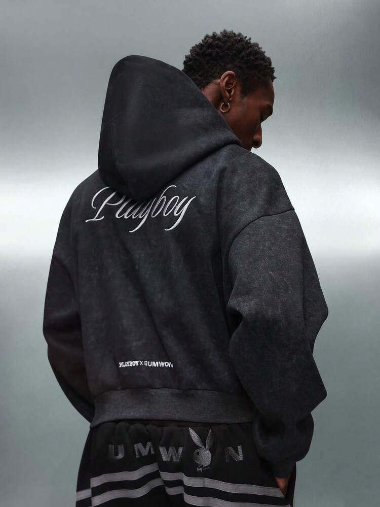 PLAYBOY X SUMWON Crop Fit Charcoal Hoodie With Script Print Front Logo Back Collaboration Design Full Zip Oversized Fit Casual Streetwear Winter Fall