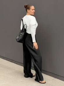 Kuleshova 女士超低腰休闲直筒棉质长裤 - 黑色 - 查看 5