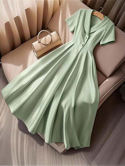 GlowEve CURVE Plus Size Women's Elegant Short Sleeve Button Decor Waist A-Line Dress, Suitable For Summer Commute, Office, Graduation, Holidays, Valentine's Day, Music Festivals, Mother's Day, Halloween, Thanksgiving, Easter, National Day, Dances, Dates, Parties, Weddings, Outdoor Activities