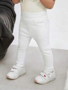 SHEIN Baby Girls' Solid Color Casual Everyday Minimalist Design Jeans - White - View 4