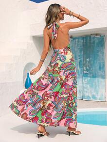 Vivid Eden Bohemian Style Printed Halter Backless A-Line Dress For Women, Casual Vacation Wear, Spring/Summer, Floral Dresses For Women, Vacation Outfits Women, Holiday Outfits For Women, Summer Holiday Outfits, Beach Vacation Outfits For Women - Multicolor - View 2