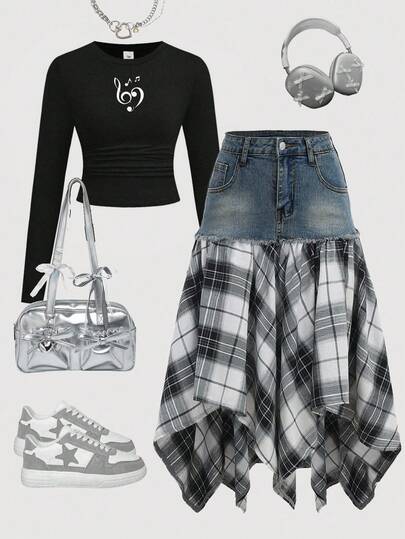 Girlism Teen GirlBlue Denim Patchwork Black & White Plaid Asymmetrical Midi Skirt