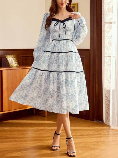 Vintamour Vintage Classic Elegant Women's Dress, Contrast Color Trim Bow Dress, Floral Print Dress, Long Sleeve Dress, Blue & White Flower Dress, Flared Hem Dress Cottagecore Dress French Style Dress Victorian Vintage Style Dress Lolita Dress Spring Outfit Women Spring Dress For Women Valentine's Day Outfit Party Dress Wedding Guest Dress For Women