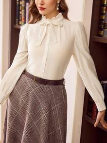 Vintamour Vintage Elegant Women Shirt Bow Tie Striped Texture Button Closure Casual Commute Holiday Wear Long Sleeve Summer Clothes Summer Outfits Summer Tops Spring Outfit Women Spring Break Outfits Spring Clothing Elegant Women's Blouses Elegant Blouses For Ladies White Top White Blouse - Apricot - View 5