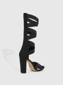 CUCCOO SZL Black Suede Chunky High Heel Sandals, Criss-Cross Strap Design With Side Zipper, Chic & Stylish For Commute And Date - Black - View 3