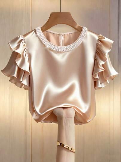 SHEIN Franclia 女士优雅珍珠装饰荷叶边短袖亮面面料短袖T恤，适合春秋季外出和约会