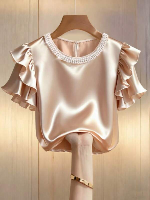 SHEIN Franclia Women's Elegant Pearl Decor Ruffle Trim Cap Sleeve Shiny Fabric Cap Sleeve T-Shirt, Suitable For Spring/Autumn Outings And Dates Silk Tops Elegant Tops For Women Ruffle Top Satin Top  Sequin Top Glitter Top