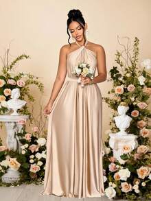 SOLERSUN Women's Elegant Apricot Satin Ruched Halter With Belt Maxi Dress,Ruched Flowy Backless Evening Gown For Formal Party Prom Wedding Guest - Khaki - View 4