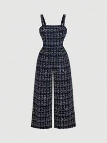SHEIN MOD Plus Size Black & White Plaid Knit Suspender Pants, Retro College Style - Navy Blue - View 1