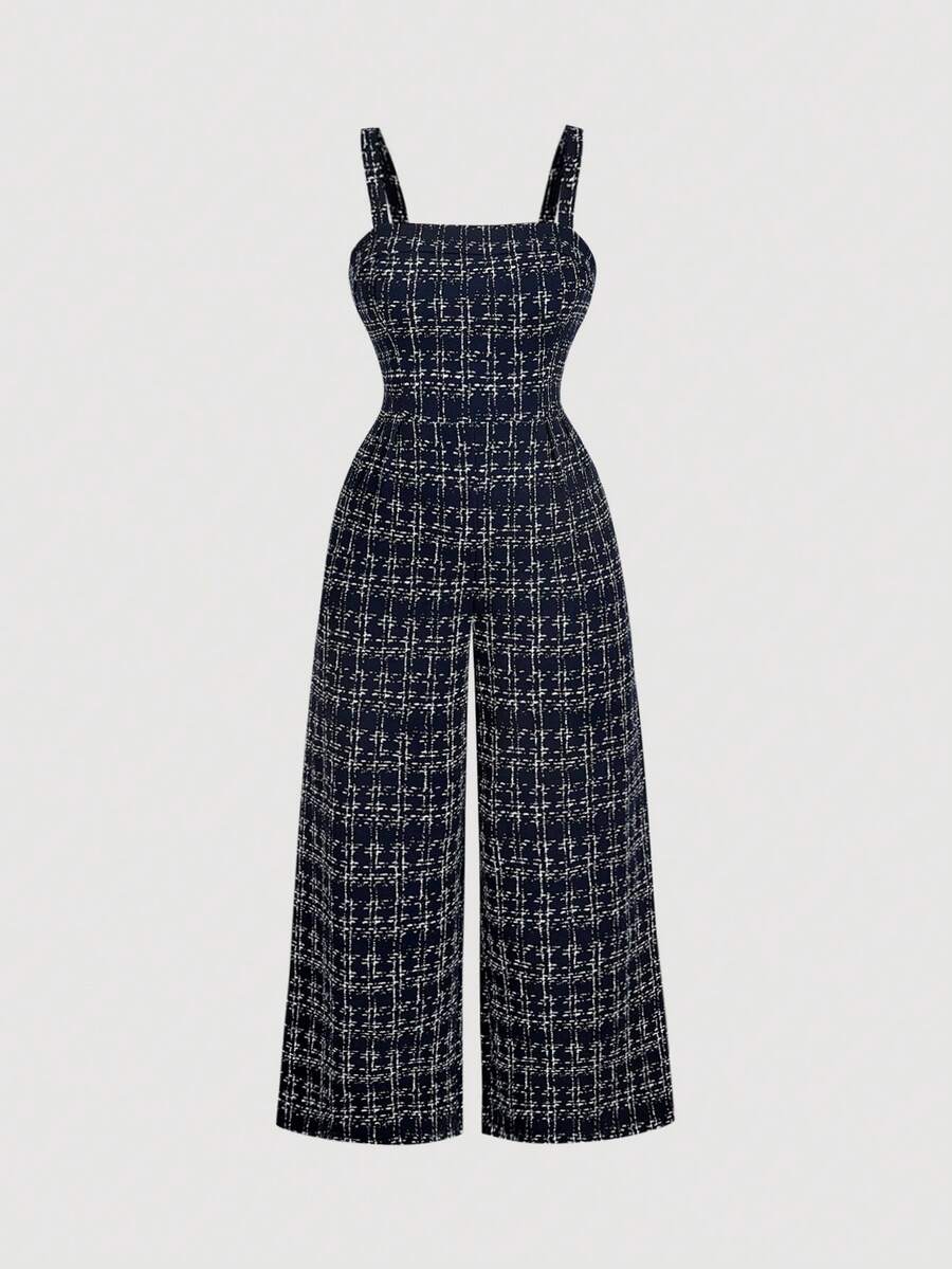 SHEIN MOD Plus Size Black & White Plaid Knit Suspender Pants, Retro College Style - Navy Blue - View 1