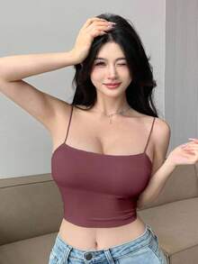 DAZY 无缝吊带背心，带衬垫胸部，微褶设计，无袖，适合所有季节 - 玫紅色 - 查看 3