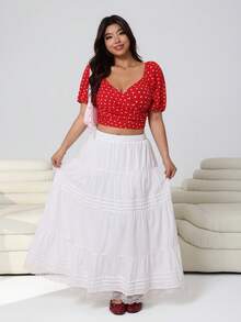 Solflare Plus Size Women Solid Color Elastic Waist Ruffle Hem Casual Skirt - White - View 3