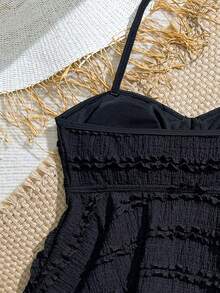 SHEIN Tween Girls Tankinis, Adorable Knitted Jacquard Fabric Halter Crop Top With Ruffle Hem Swimwear Two Pieces Set, Fashionable, Elegant, Suitable For Swimming, Beach, Vacation, Summer Tankini Set Black Tankini Swimwear Two Pieces Swimwear Black Bathing Suits For Girls Two Pieces Textured Swimwear Textured Tankini Two Pieces Swim Textured Tankini Swimwear Tween Black Black Two Pieces Swimwear Textured Swimwear - Black - View 4