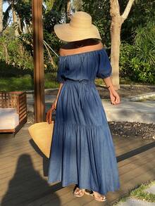 DAZY Women's Off-Shoulder Cinched Waist Short Sleeve Vacation Style Long Denim Dress - Medium Wash - View 3