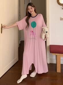 DAZY Cute Balloon Elephant English Graphic Loose Short Sleeve Women Pajama Jumpsuit - Pink - View 4