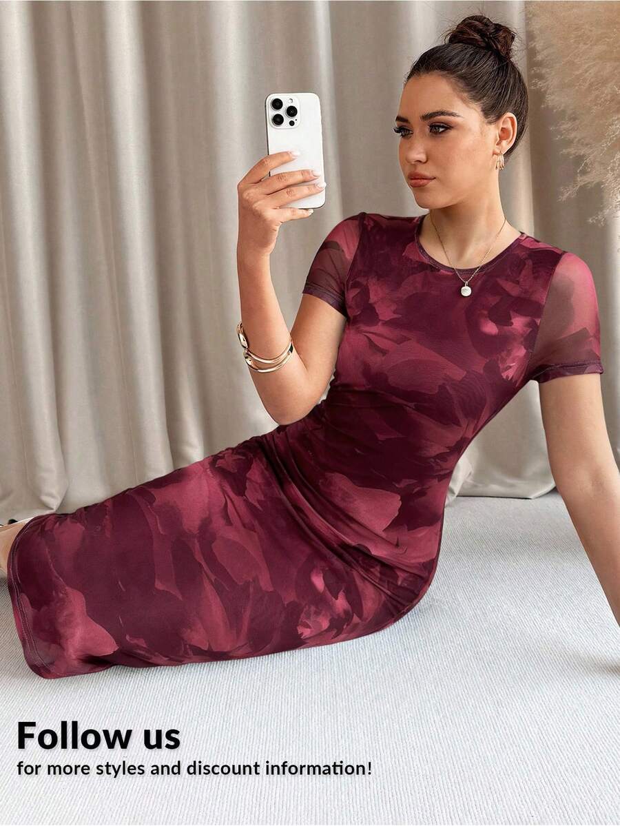 Lavishia 女士绿色碎花短袖连衣裙 - 酒紅色 - 查看 1