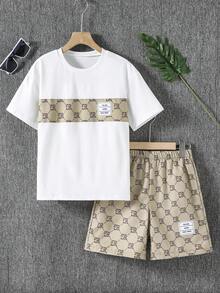 Vacaura 男童夏季休闲短袖T恤短裤套装（2件套），白色T恤搭配卡其色字母印花短裤，宽松圆领T恤，舒适时尚的日常/校园服装 - 白色 - 查看 4
