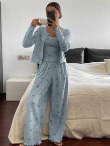 3pcs Bow Print All-Over Allover Print Cardigan, Camisole And Pants Women Pajama Set, Spring - Baby Blue - View 5