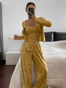 DAZY Set pigiama da donna composto da 3 pezzi: cardigan, canotta e pantaloni con stampa farfalla, adatto per la primavera - Arancione Corallo - Visualizzare 6