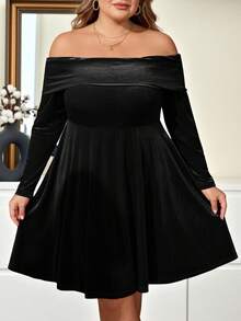 Enliva Vestido de terciopelo de manga larga para mujer de talla grande, vestido de hombros descubiertos para otoño/invierno, vestido de Navidad, Día de San Valentín, para figura de manzana y redondeada - Negro - Ver 3