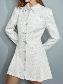 Maija Đầm cardigan dài tay thanh lịch dành cho nữ, chất liệu tweed, đính nơ, đá và sequin, thích hợp cho tiệc năm mới, lễ kỷ niệm Ngày Valentine và các lễ hội. - màu đen - Xem 7