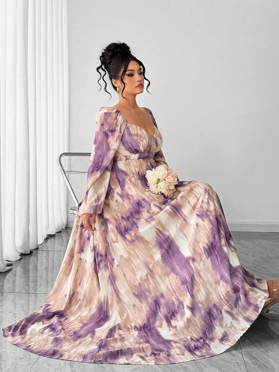 SHEIN Elenzya 大码女式优雅复古水墨扎染印花雪纺双层胸罩杯长袖连衣裙 - 紫色 - 查看 1