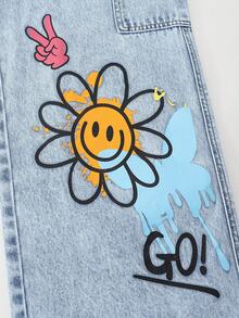 SHEIN Teen Girl Denim Cargo Wide Leg Jeans, Sweet & Cool Street Fashion Casual College Style Vacation Recommendation, Pink Heart And English Print Cute Sweet, Side Pockets Design Street Cargo, Elastic Waistband Comfortable, Loose Fit Flattering, Button Front Closure Convenient, Suitable For Home, Daily Wear, Date, Shopping - Light Wash - View 5