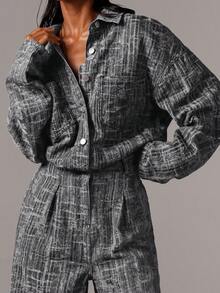 Athîral Women's Drop Shoulder Long Sleeve Single-Breasted Casual Pocket Shirt & Wide Leg Denim Jumpsuit - Black - View 3